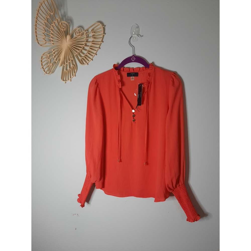 Tahari Tiger Lily Orange Ruffle Neck Smocked Cuff Blouse XS NEW